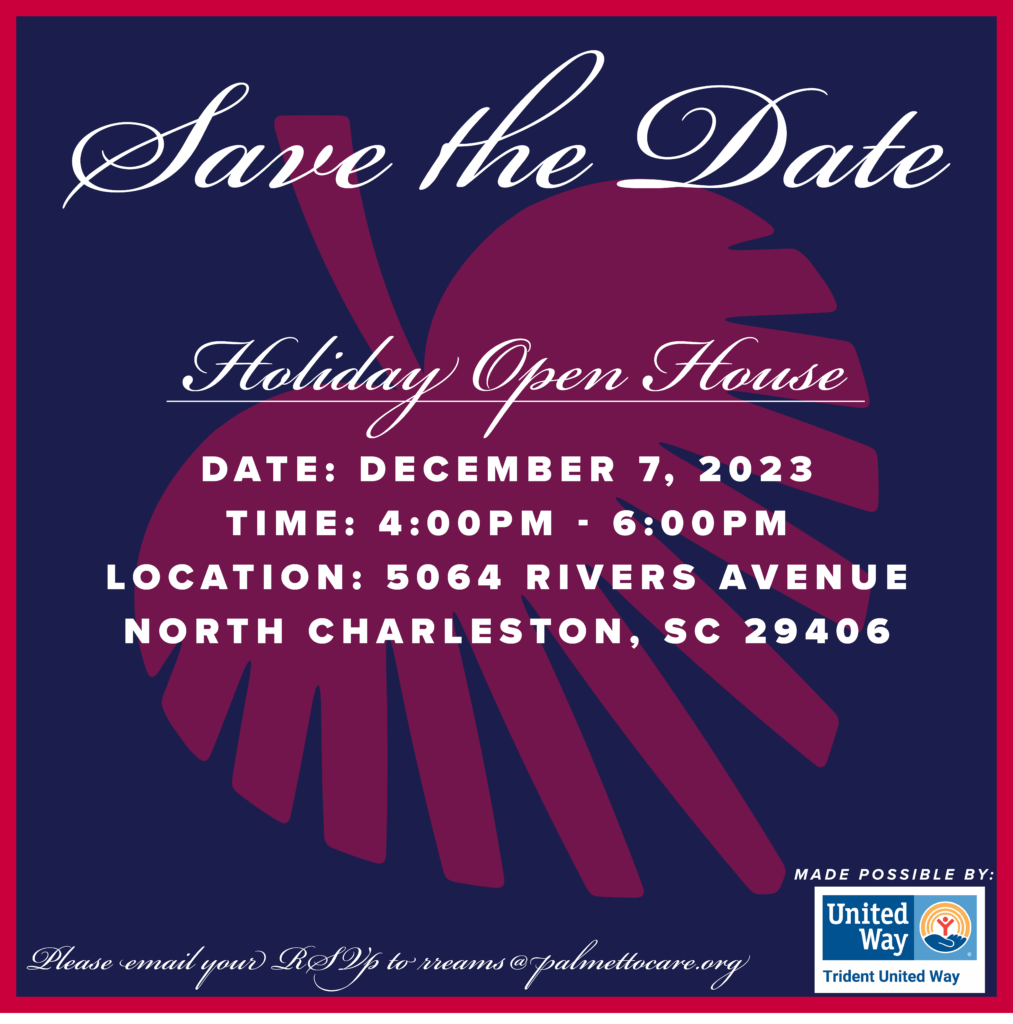 Holiday Open House - Save the Date for Dec 7 from 4-6pm - blue image with a red palm leaf in the background.
