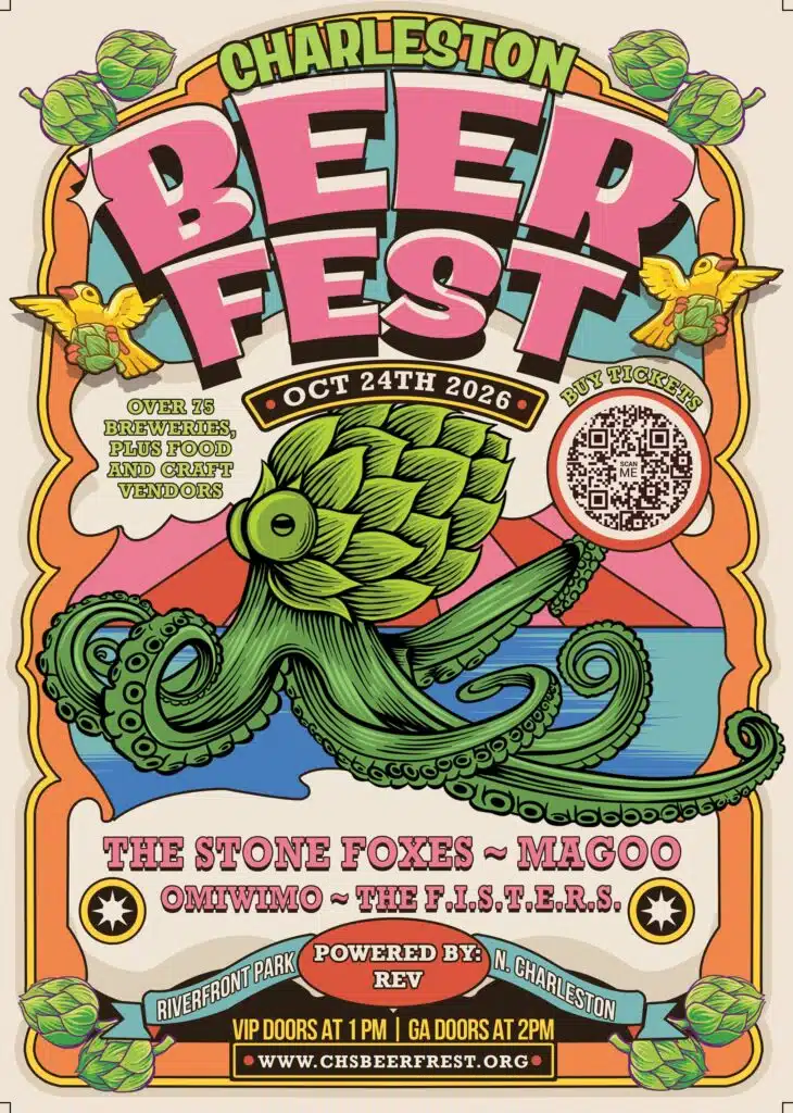 2026 Charleston Beerfest Poster with bright colors, a hoptopus and festival information